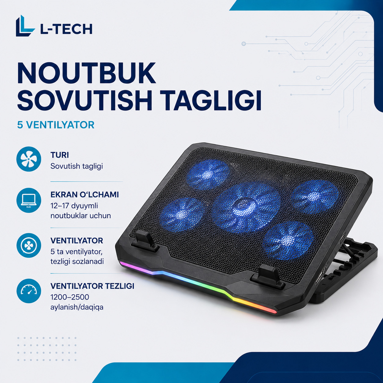 L-TECH Noutbuk Sovutish Tagligi | 5 ventilyator