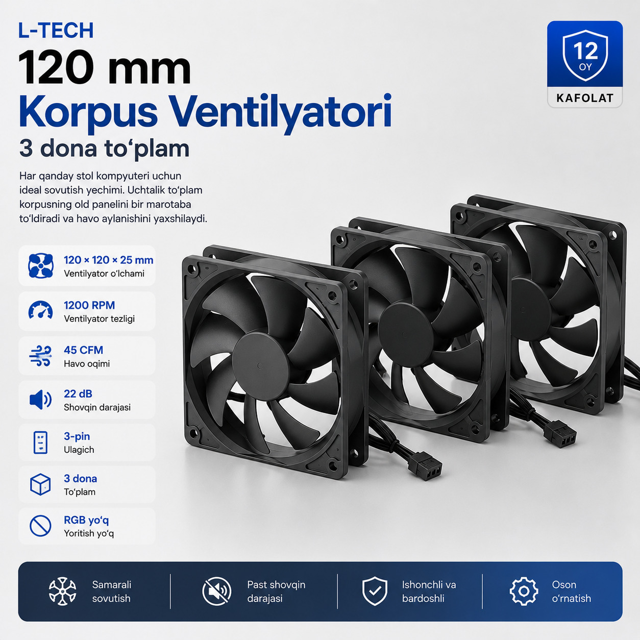 L-TECH Korpus Ventilyatori 120 mm | 3 dona to‘plam