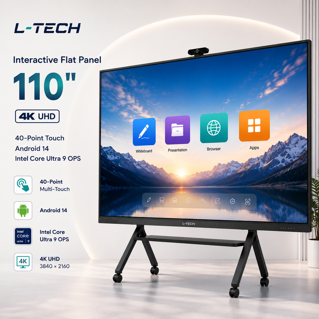 L-TECH Interaktiv Flat Panel 110 inch 4K UHD 40-Point Touch | Android 14 | Intel Core Ultra 9 OPS