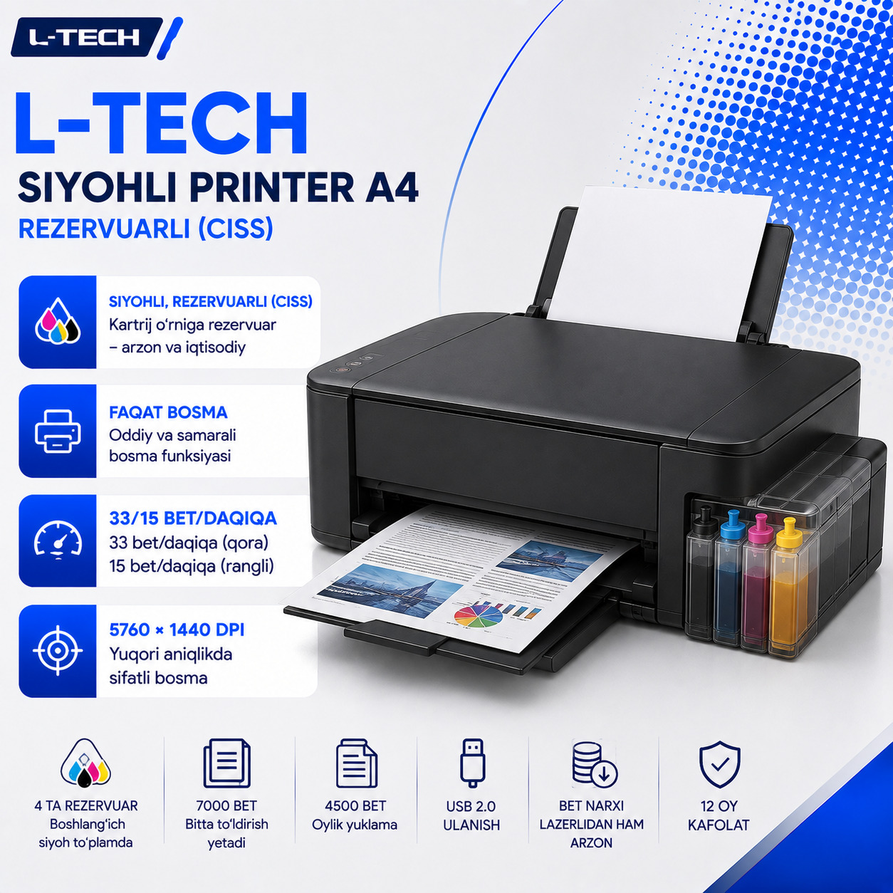 L-TECH Siyohli Printer A4 | rezervuarli (CISS)