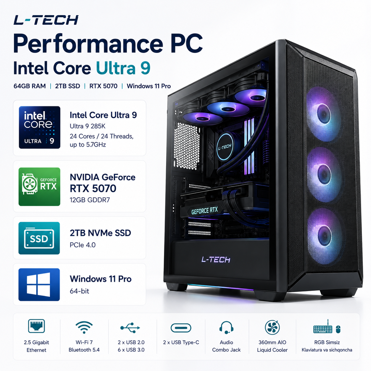 L-TECH Performance PC | Kompyuter | Intel Core Ultra 9  64GB RAM | 2TB SSD | RTX 5070 | Windows 11 Pro