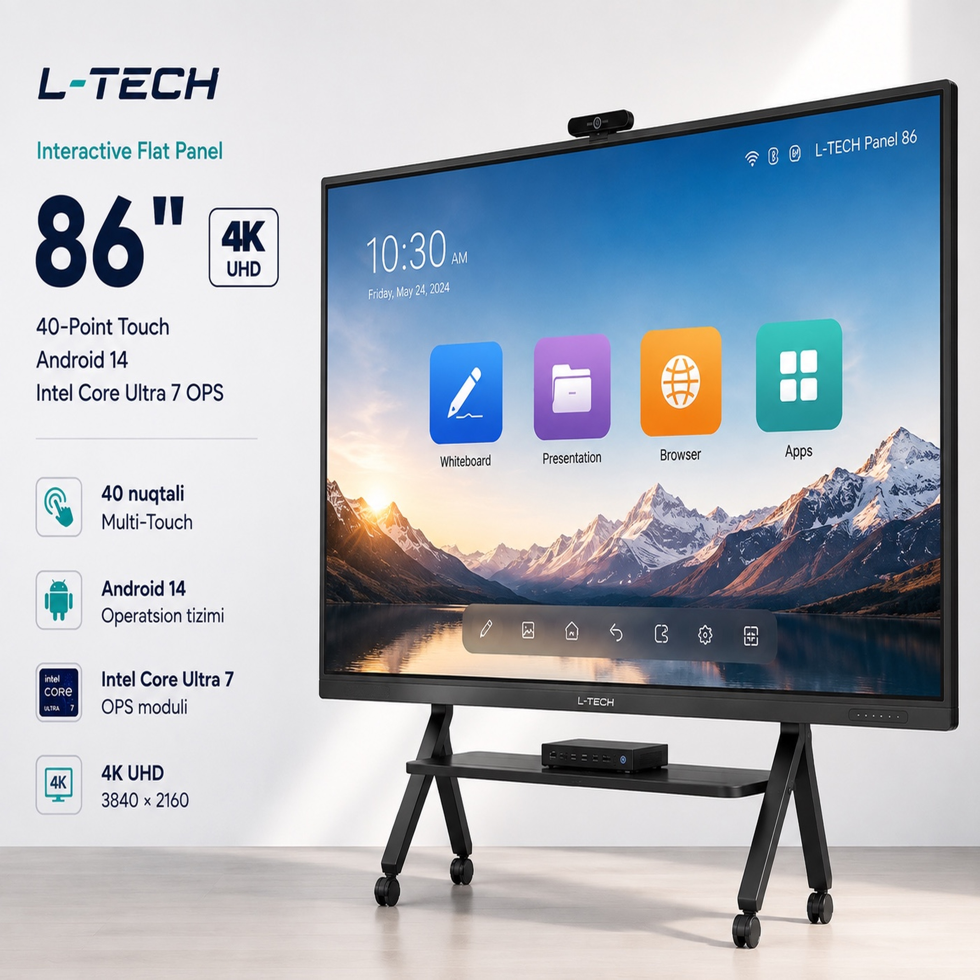 L-TECH InteraKtiv Flat Panel 86 inch 4K UHD 40-Point Touch | Android 14 | Intel Core Ultra 7 OPS