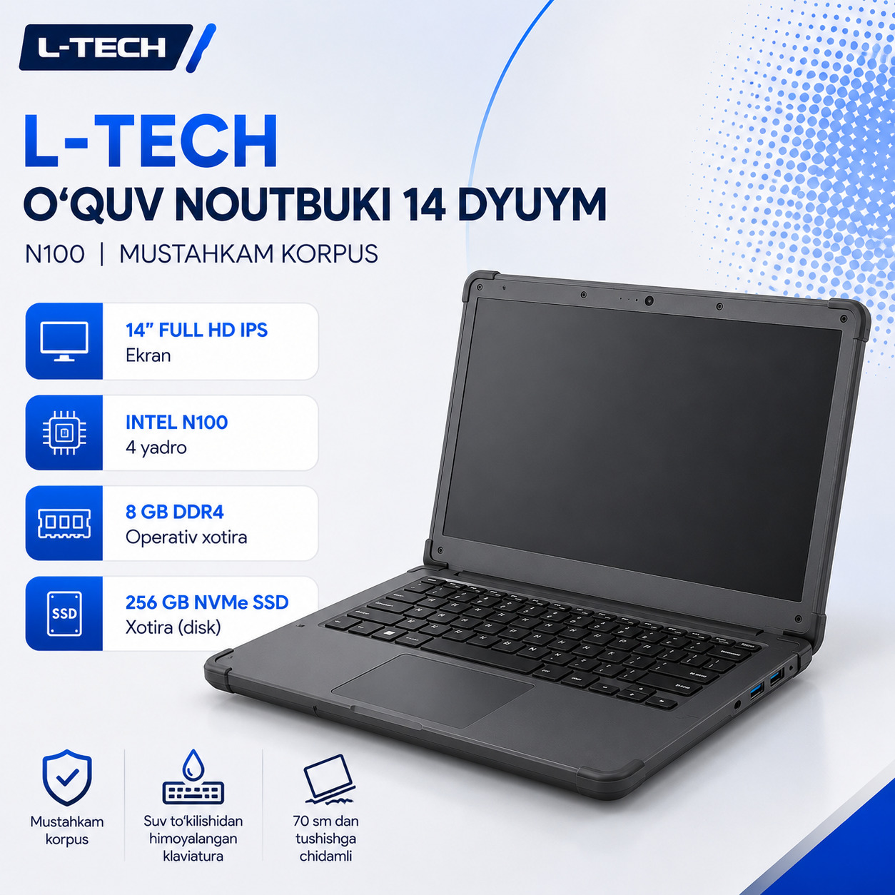 L-TECH O‘quv Noutbuki 14 dyuym | N100 | mustahkam korpus