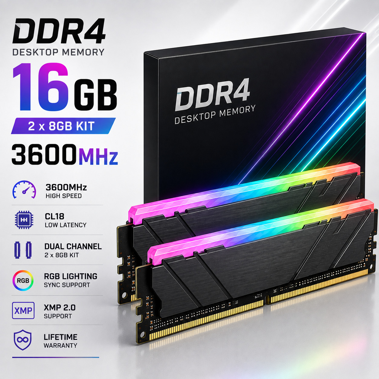 RAM DDR4 16GB (2×8GB) 3600MHz RGB Desktop Memory Kit