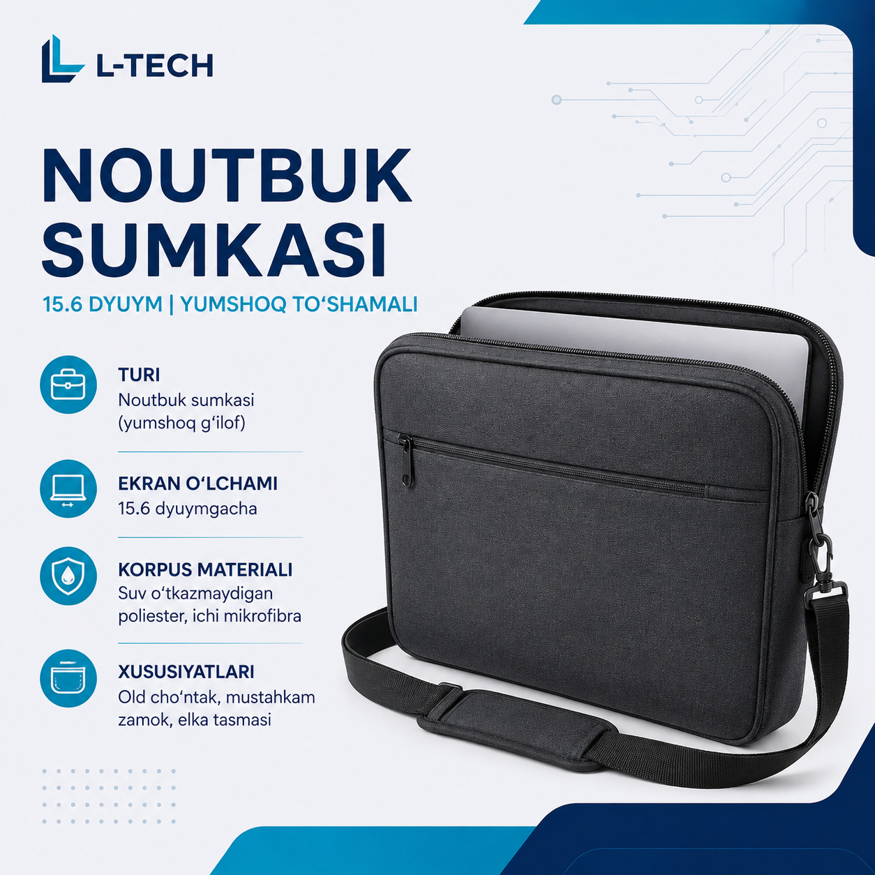 L-TECH Noutbuk Sumkasi 15.6 dyuym | yumshoq to‘shamali