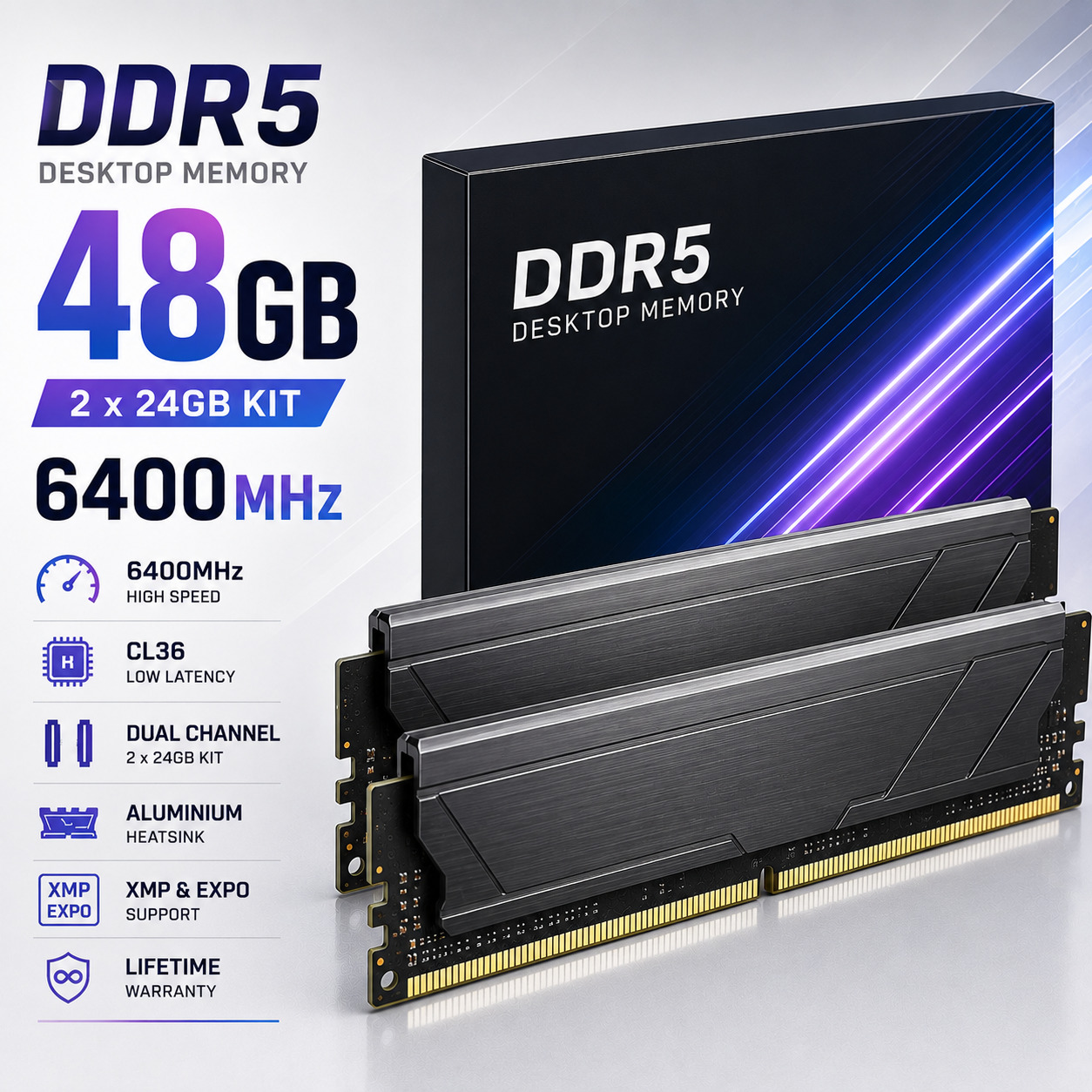 RAM DDR5 48GB (2×24GB) 6400MHz Desktop Memory Kit