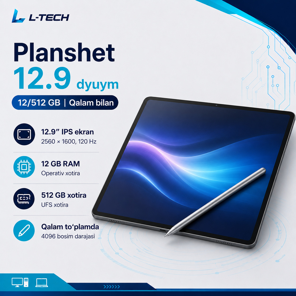 L-TECH Planshet 12.9 dyuym | 12/512 GB | qalam bilan