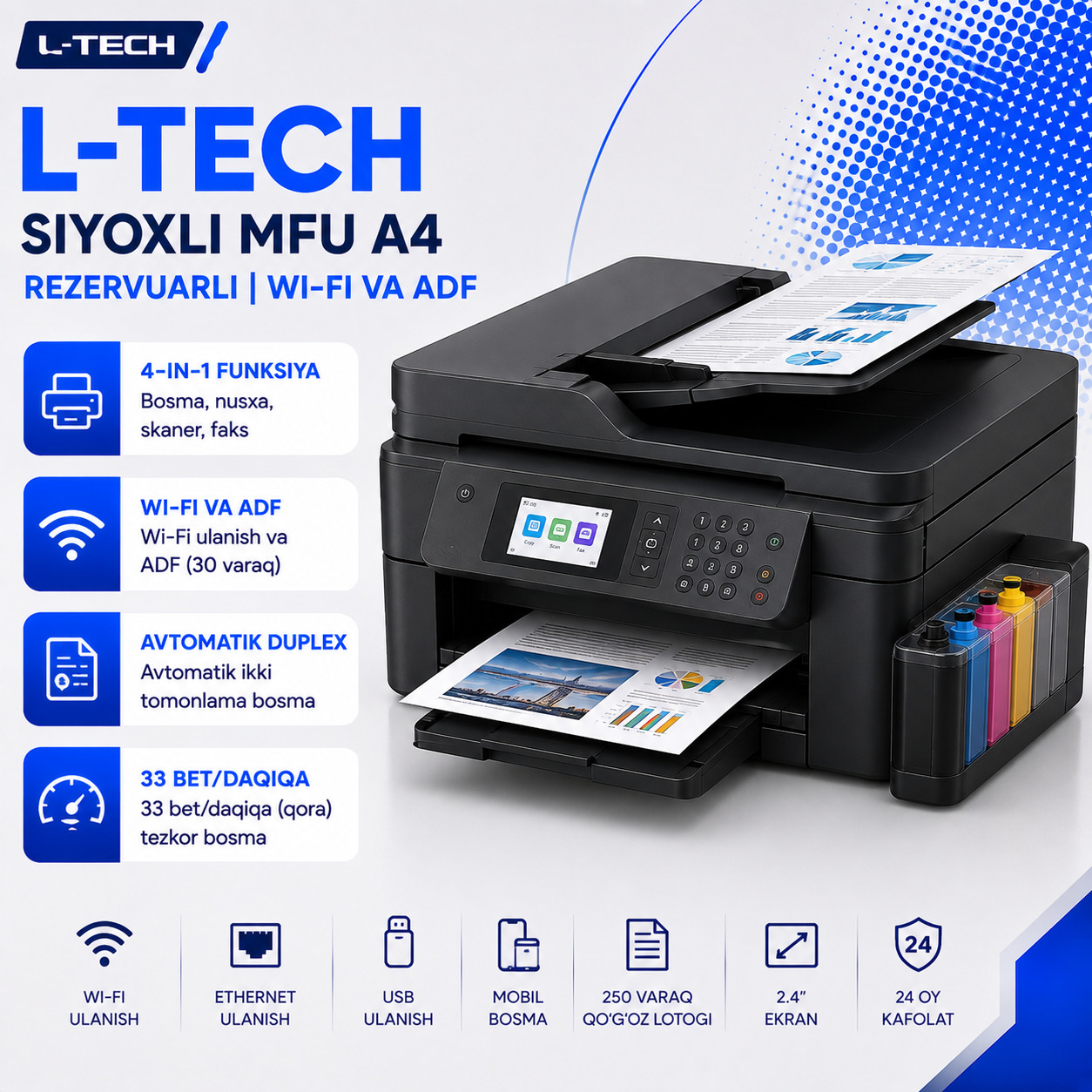 L-TECH Siyohli MFU A4 | rezervuarli | Wi-Fi va ADF