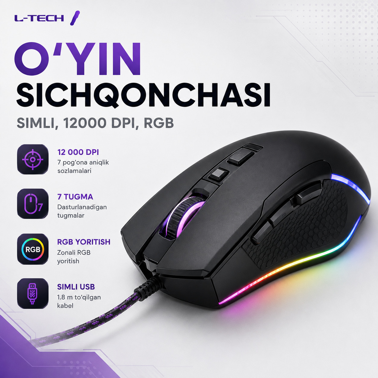 L-TECH O‘yin Sichqonchasi | simli, 12000 dpi, RGB
