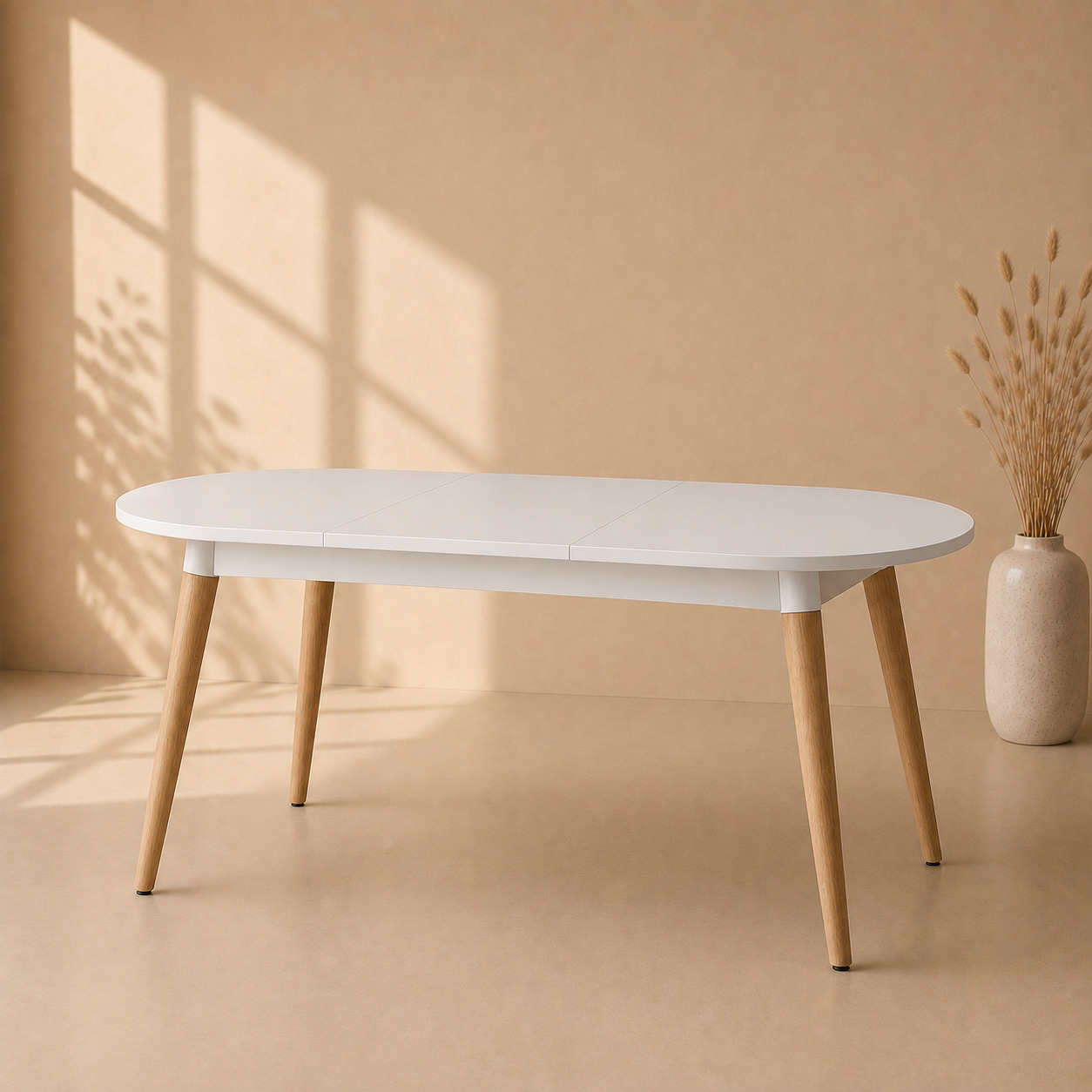 Ovqat stoli – yoyiladigan, oval, oq mat (120–160×80×75 sm)