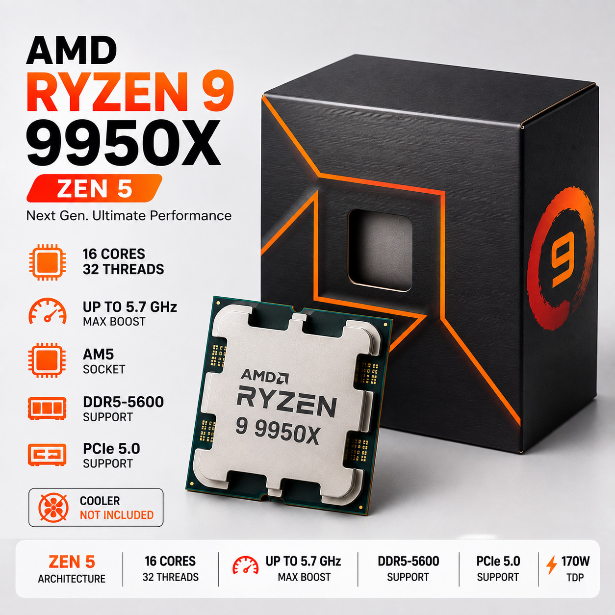 AMD Ryzen 9 9950X Desktop Processor | Zen 5, 16 yadro 32 oqim | AM5