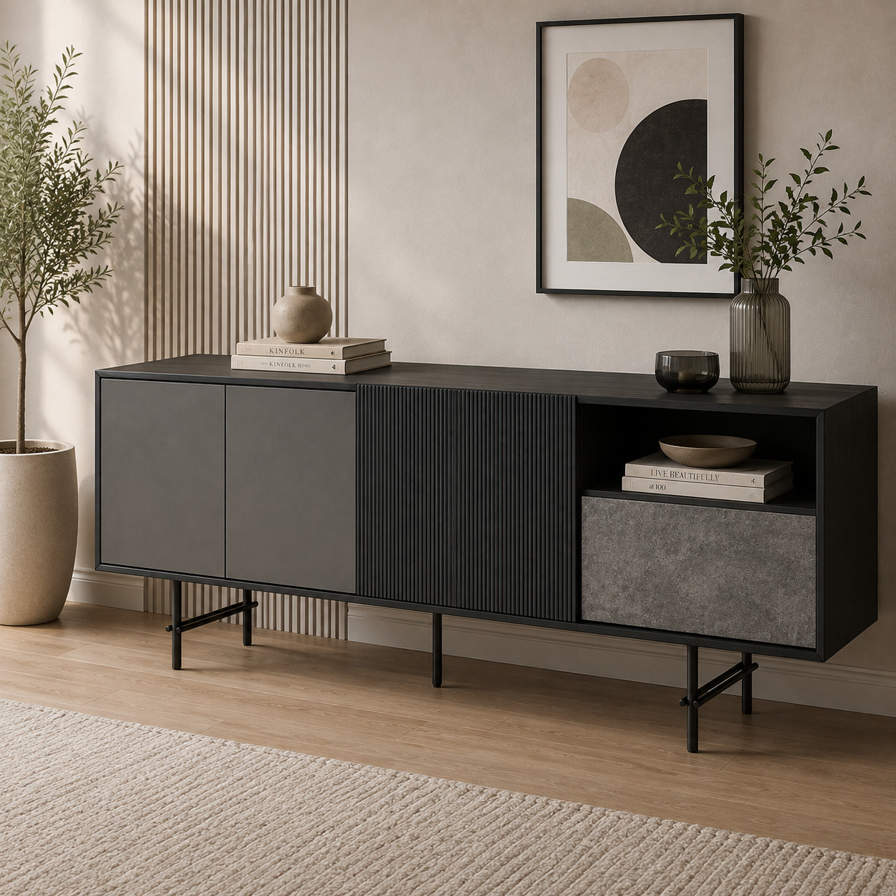 Sideboard tumba – 2 eshik, rifleniy eshik, ochiq nisha va beton effektli tortma (200×45×75 sm)