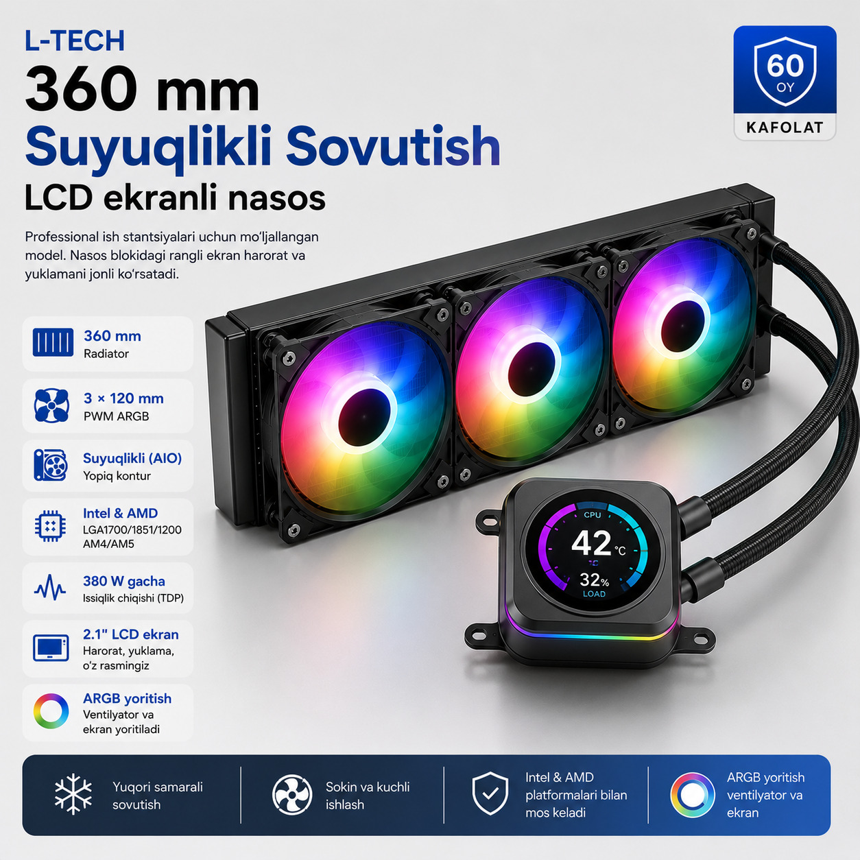 L-TECH 360 mm Suyuqlikli Sovutish | LCD ekranli nasos