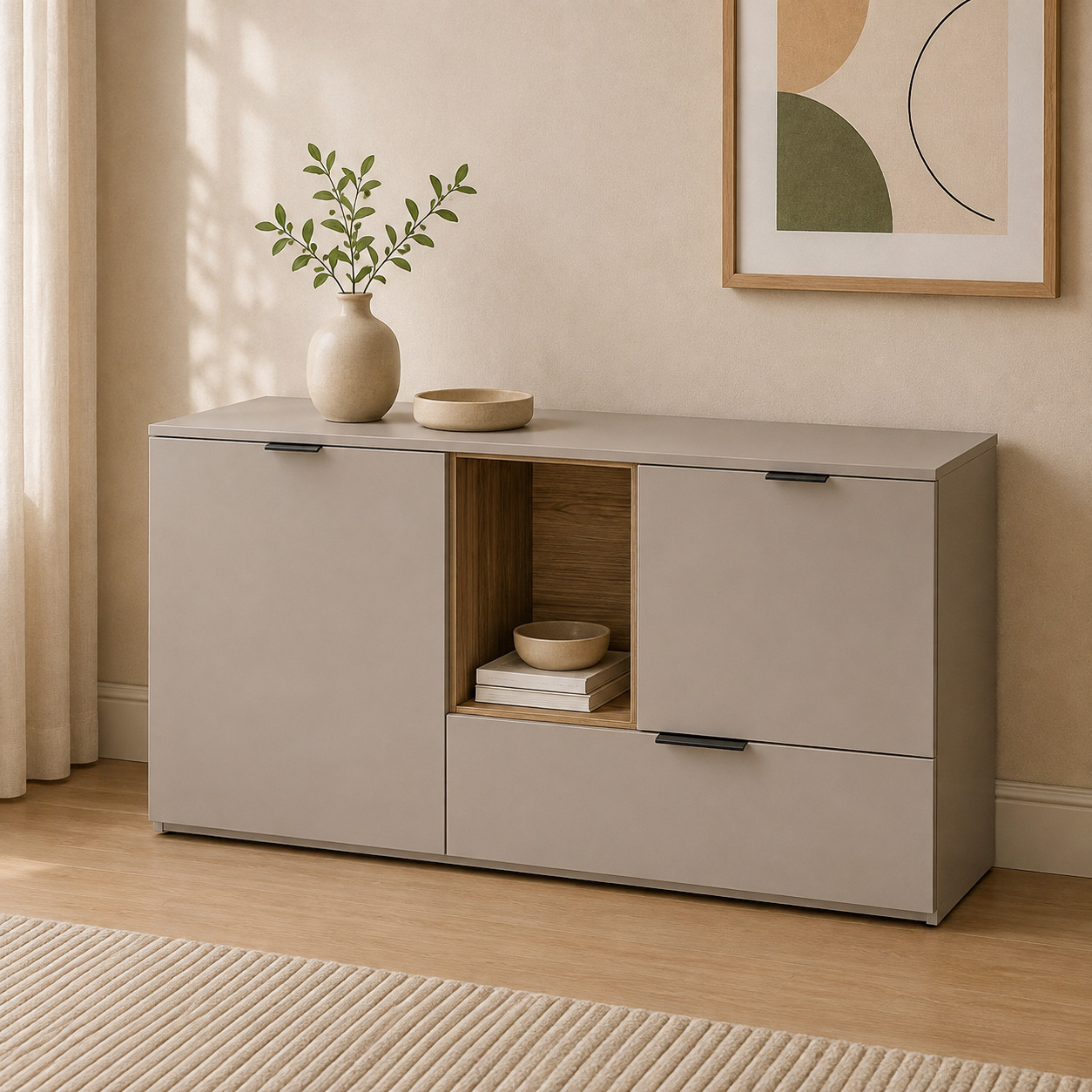 Sideboard tumba – 2 eshik, dub ochiq nisha va 1 tortmali, taupe (160×40×75 sm)