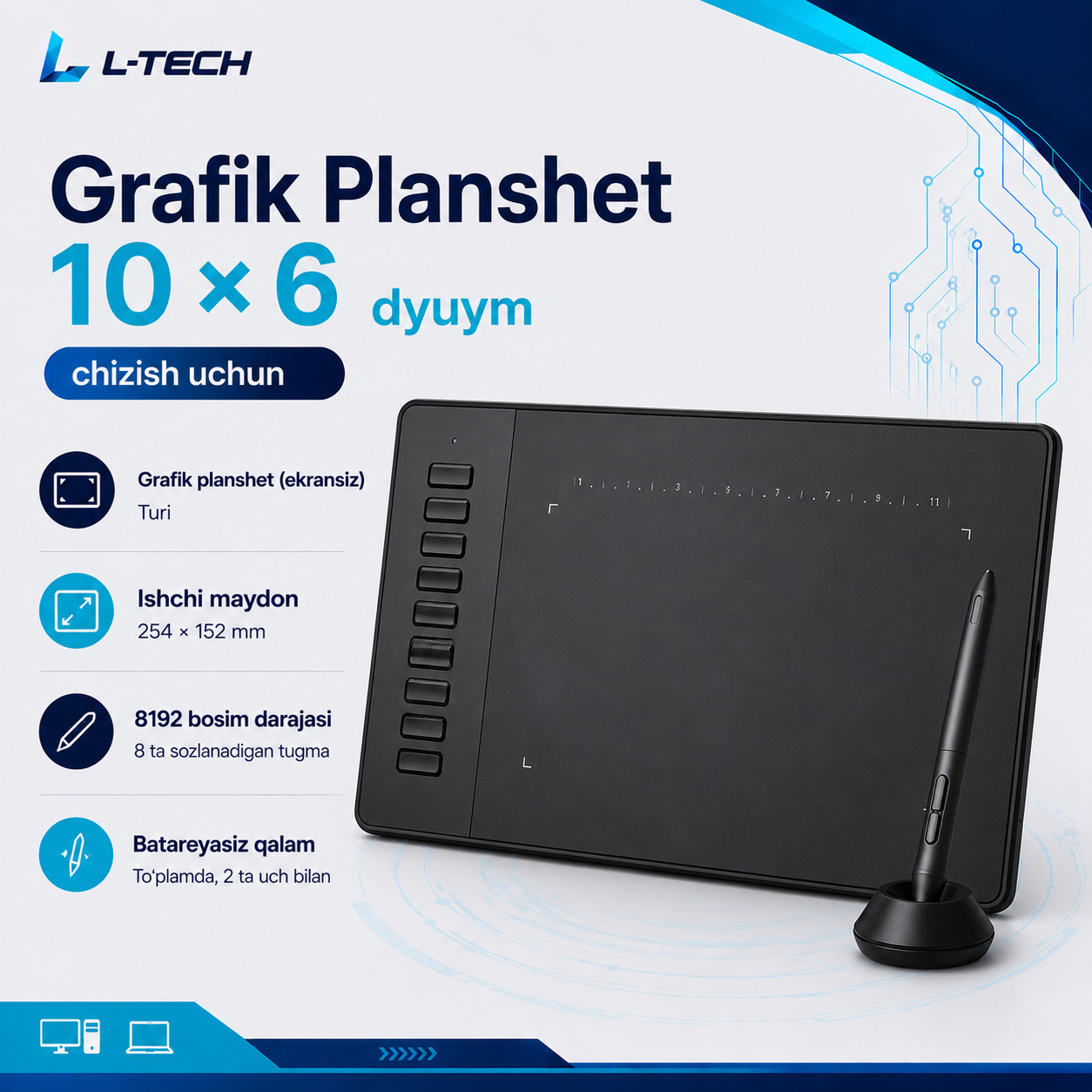 L-TECH Grafik Planshet 10 × 6 dyuym | chizish uchun