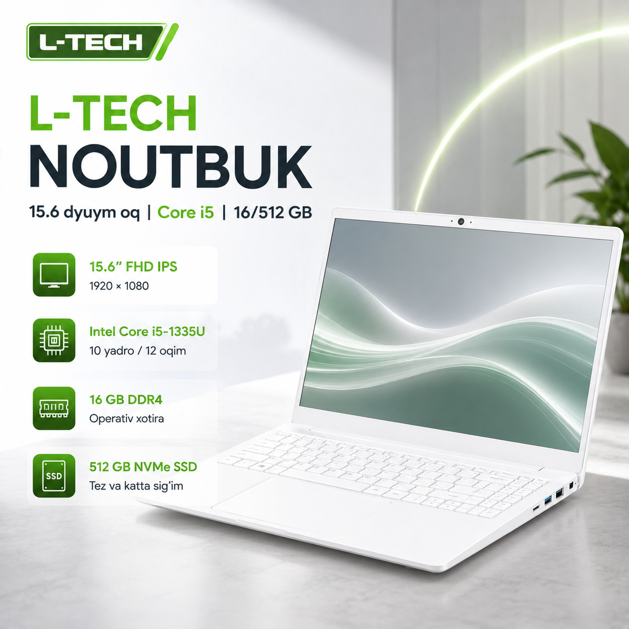 L-TECH Noutbuk 15.6 dyuym oq | Core i5 | 16/512 GB
