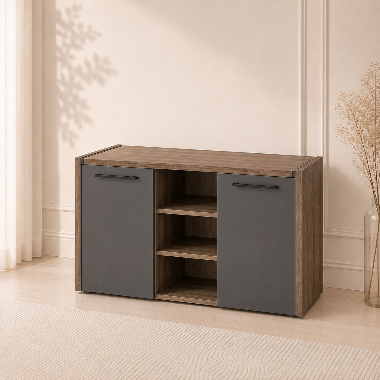 Sideboard tumba – 2 grafit eshik va o‘rtasi ochiq polkali, yong‘oq (140×45×80 sm)