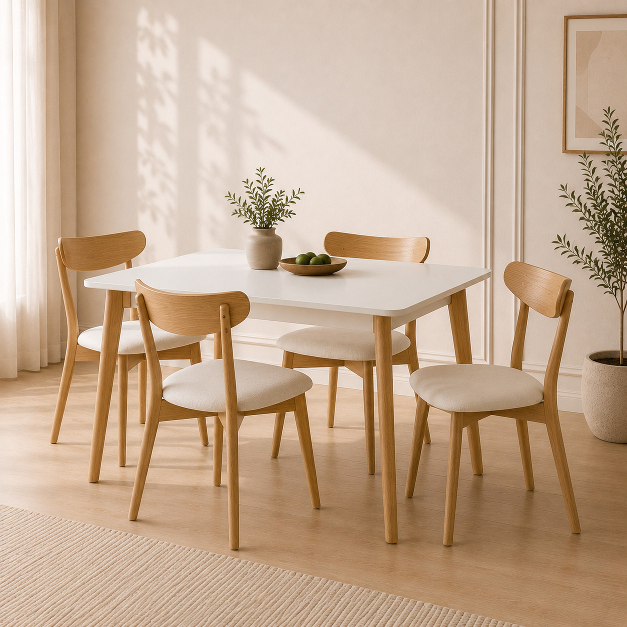 Oshxona guruhi – stol va 4 stul, oq + tabiiy yog‘och (110×70×75 sm)