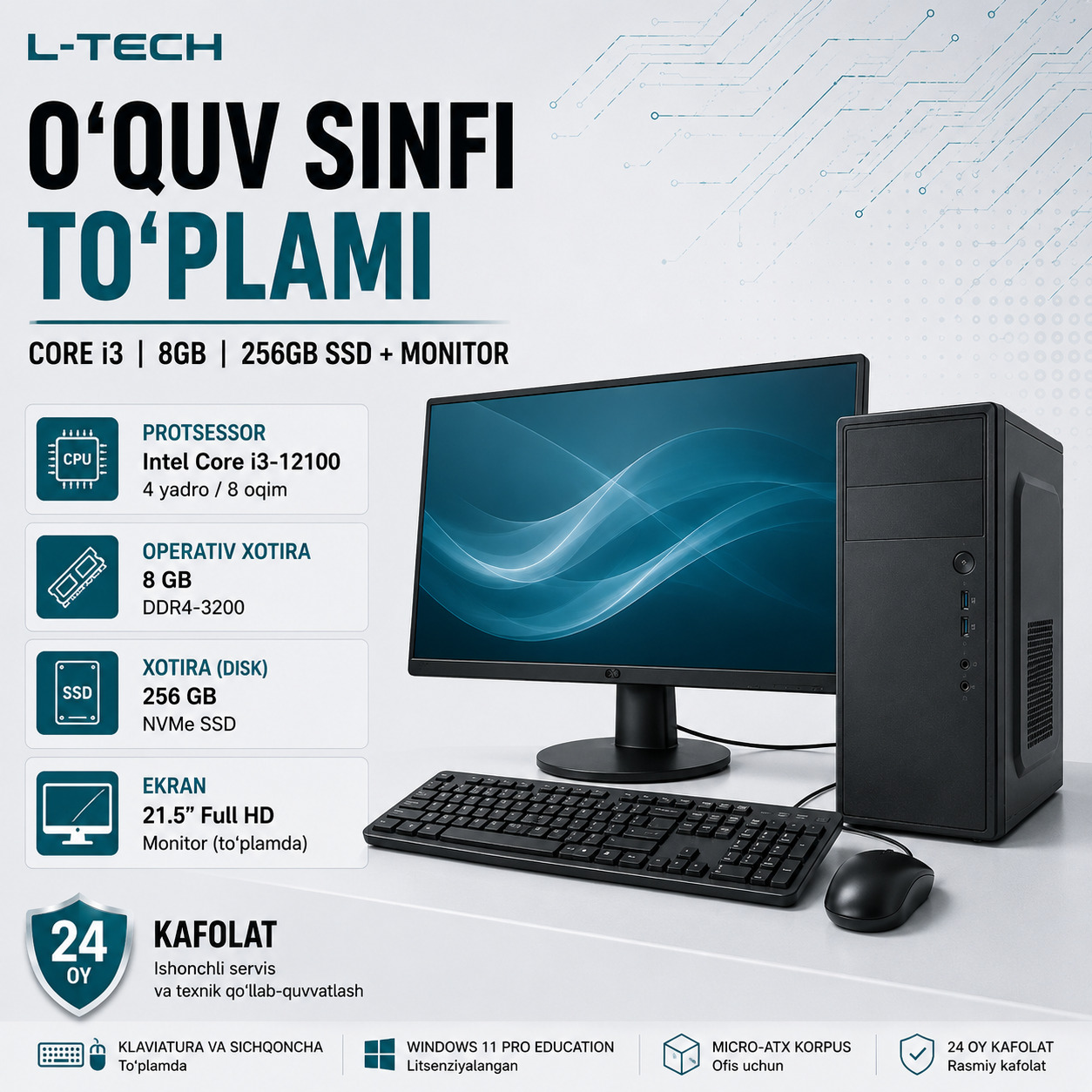 L-TECH O‘quv Sinfi To‘plami | Core i3 | 8GB | 256GB + monitor