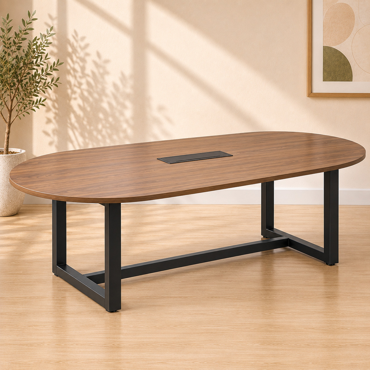 Konferens stol – oval, 8 kishilik, yong‘oq + qora (240×120×75 sm)