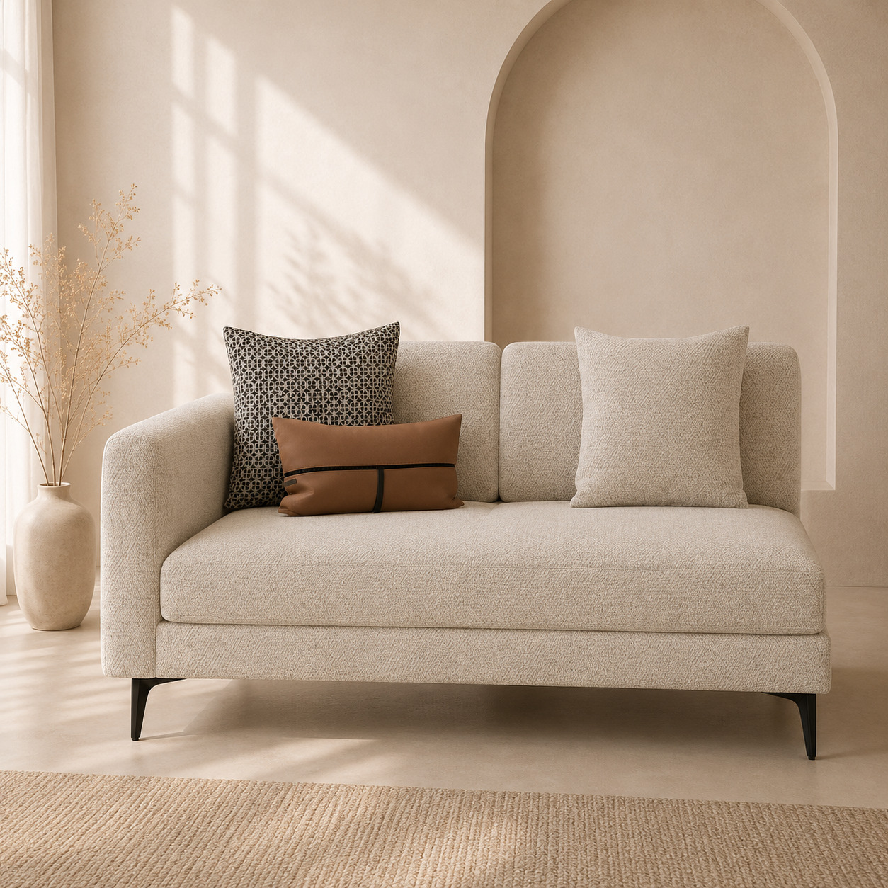 Divan – 2 kishilik, bukle mato, qora metall oyoqlar (180×90×75 sm)