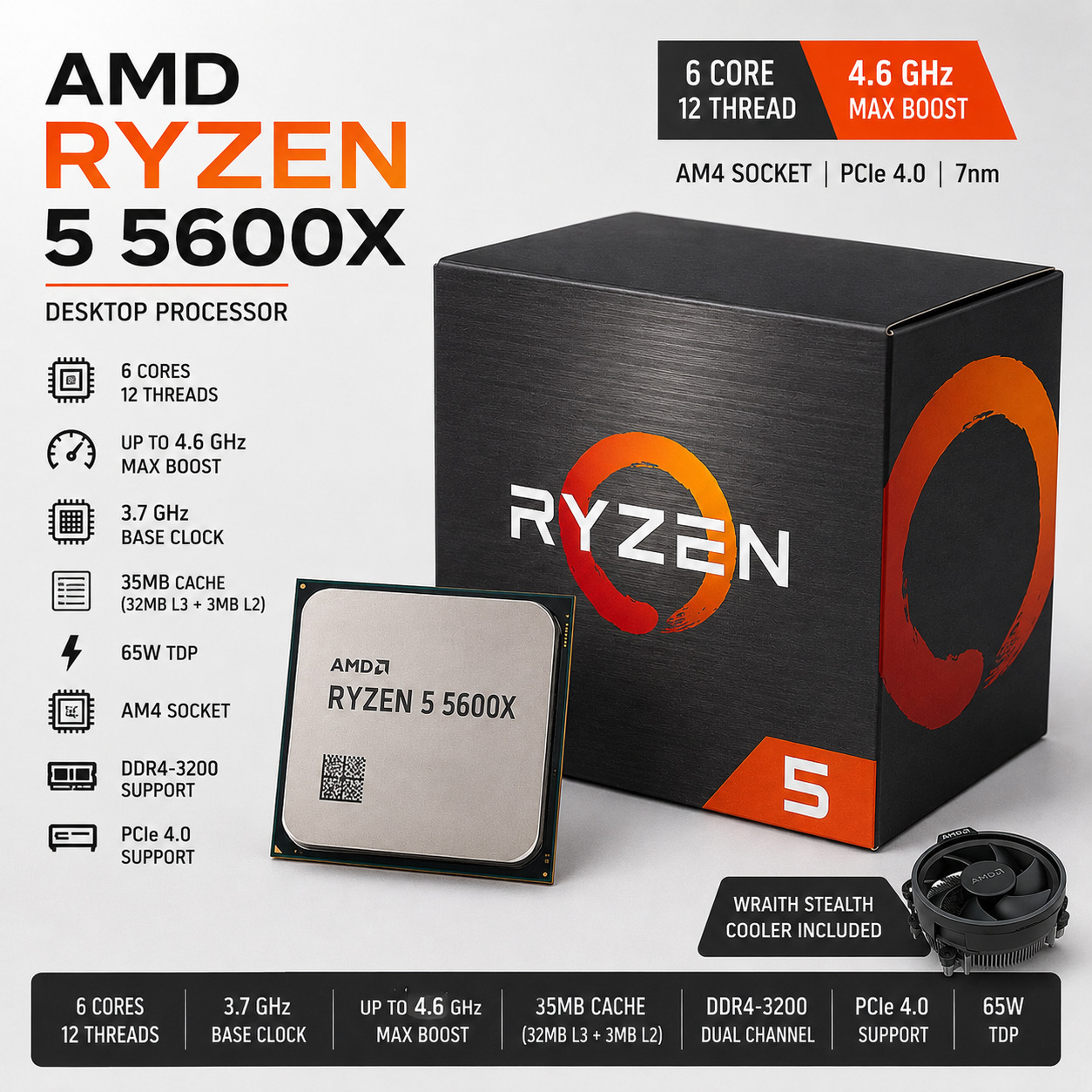 AMD Ryzen 5 5600X Desktop Processor | 6 yadro 12 oqim | AM4