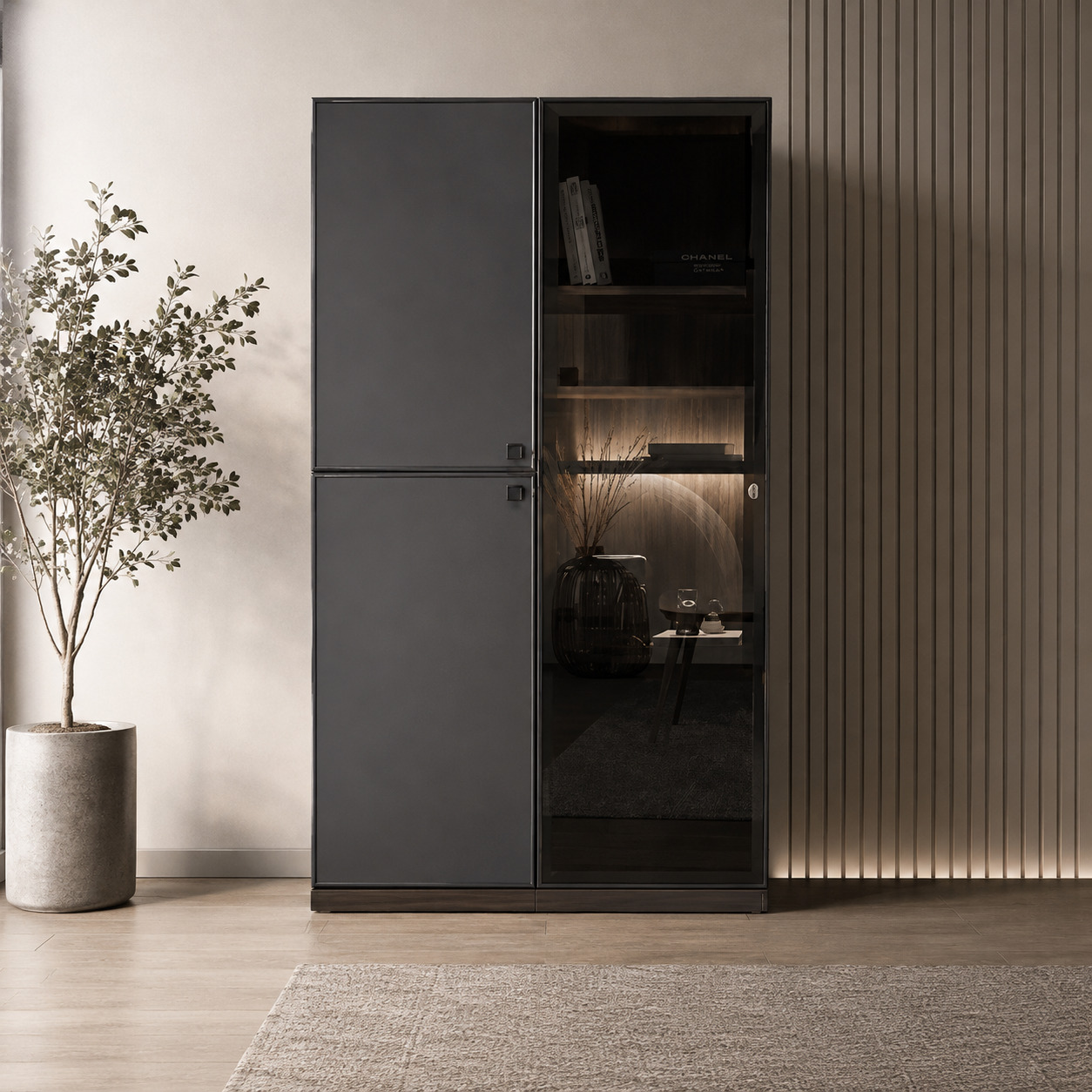 Vitrina shkaf – 2 zich eshik va oynali bo‘lim, LED yoritgich, antratsit (100×40×200 sm)
