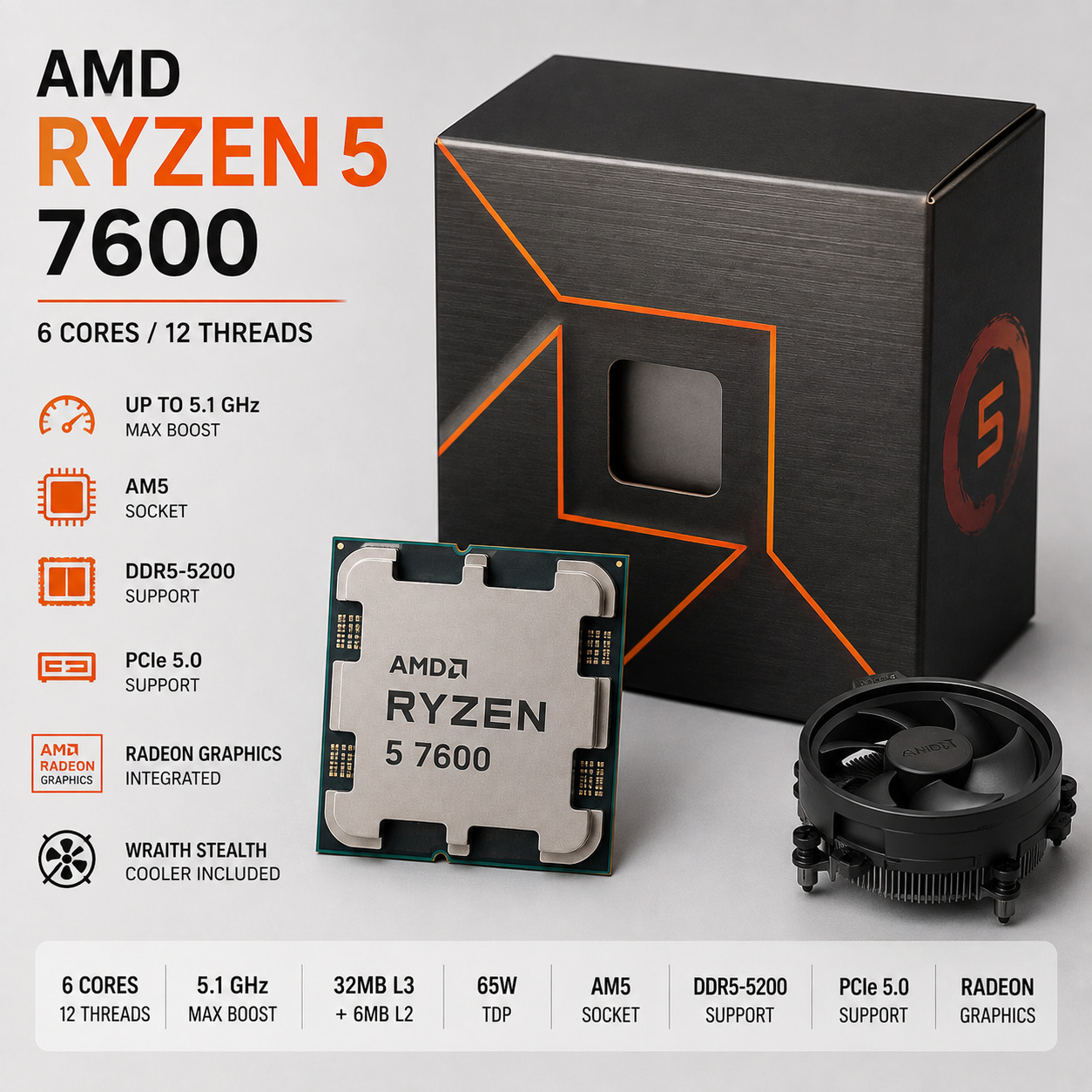 AMD Ryzen 5 7600 Desktop Processor | 6 yadro 12 oqim | AM5