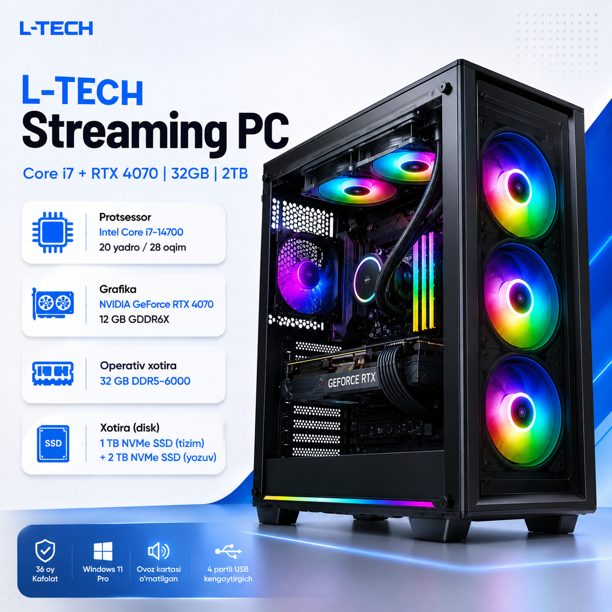 L-TECH Streaming PC | Core i7 + RTX 4070 | 32GB | 2TB