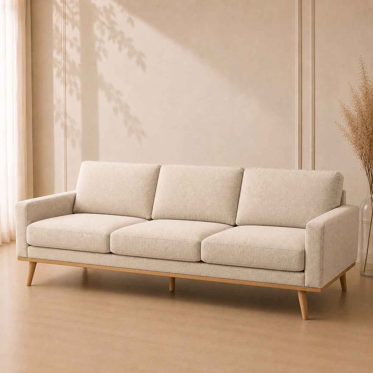Divan – 3 kishilik, past skandinav, och bej (200×88×75 sm)