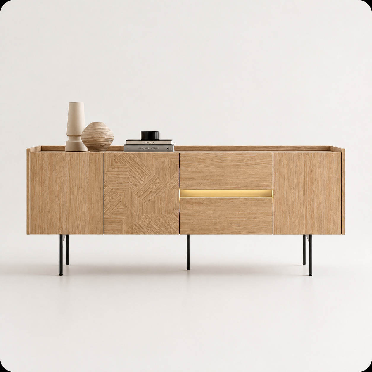 Sideboard tumba – 3 eshik va 2 tortma, marketri fasad, latun tutqich (200×45×75 sm)