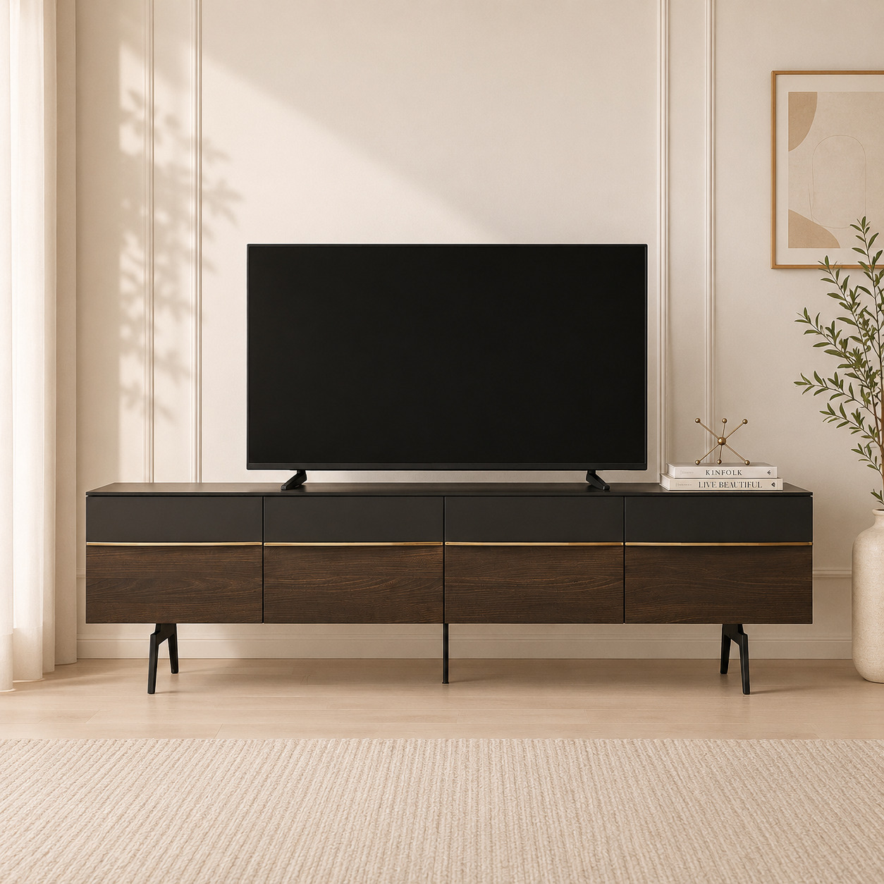 TV tumba – 4 tortma va 4 eshikli, oltin chiziqli, qora va yong‘oq (200×40×55 sm)