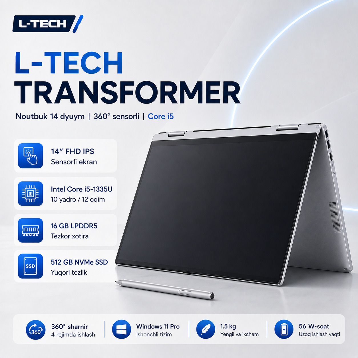 L-TECH Transformer Noutbuk 14 dyuym | 360° sensorli | Core i5
