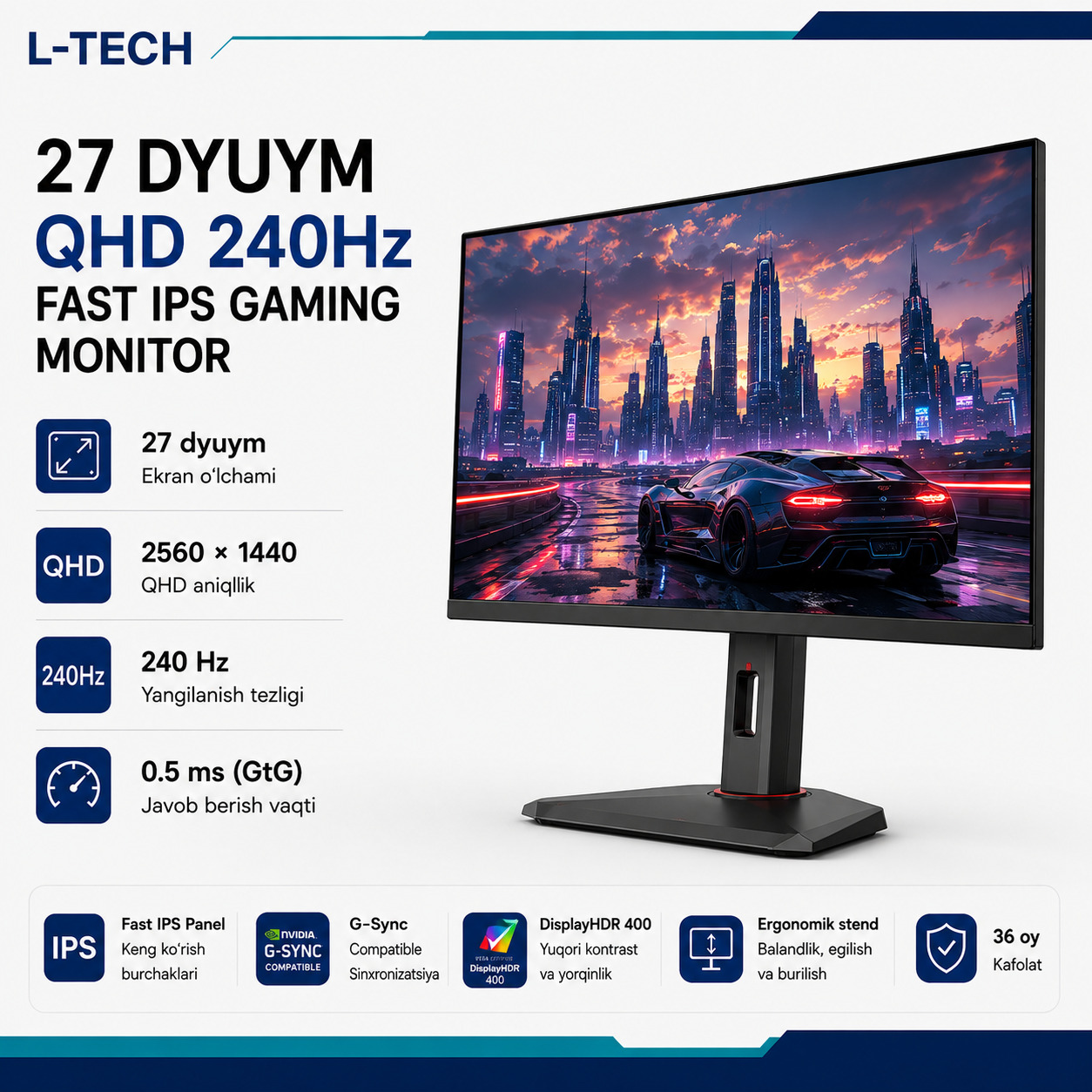 L-TECH 27 dyuym QHD 240Hz Fast IPS Gaming Monitor