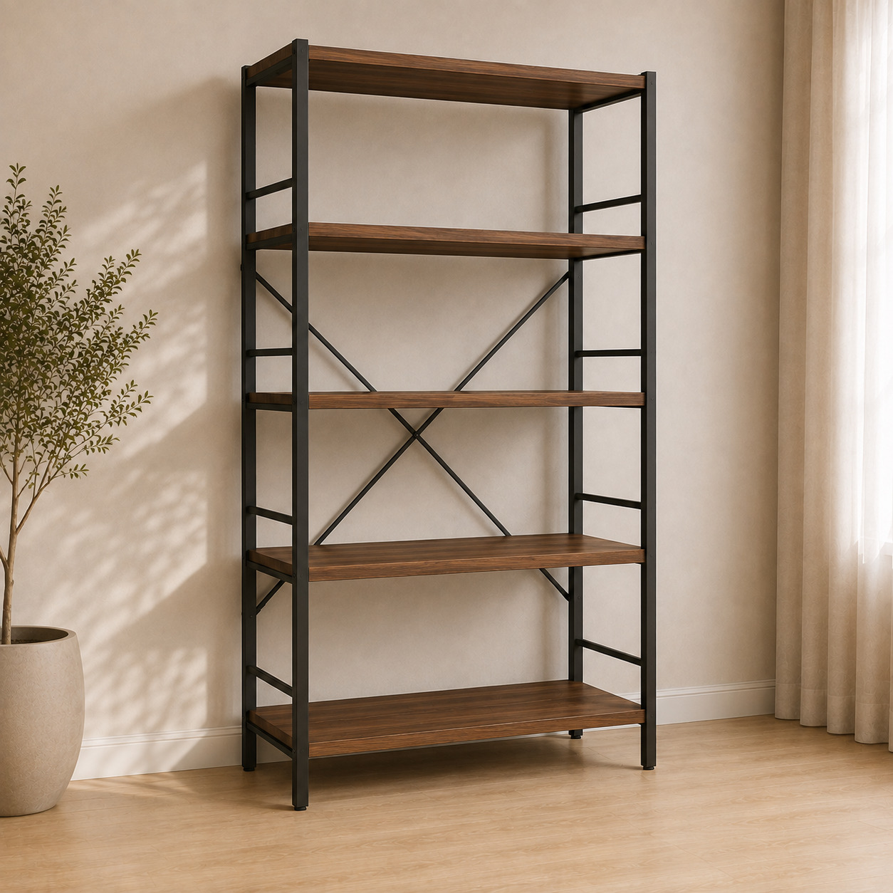 Stellaj – ochiq, 5 qavatli, loft, metall + yog‘och (90×40×180 sm)