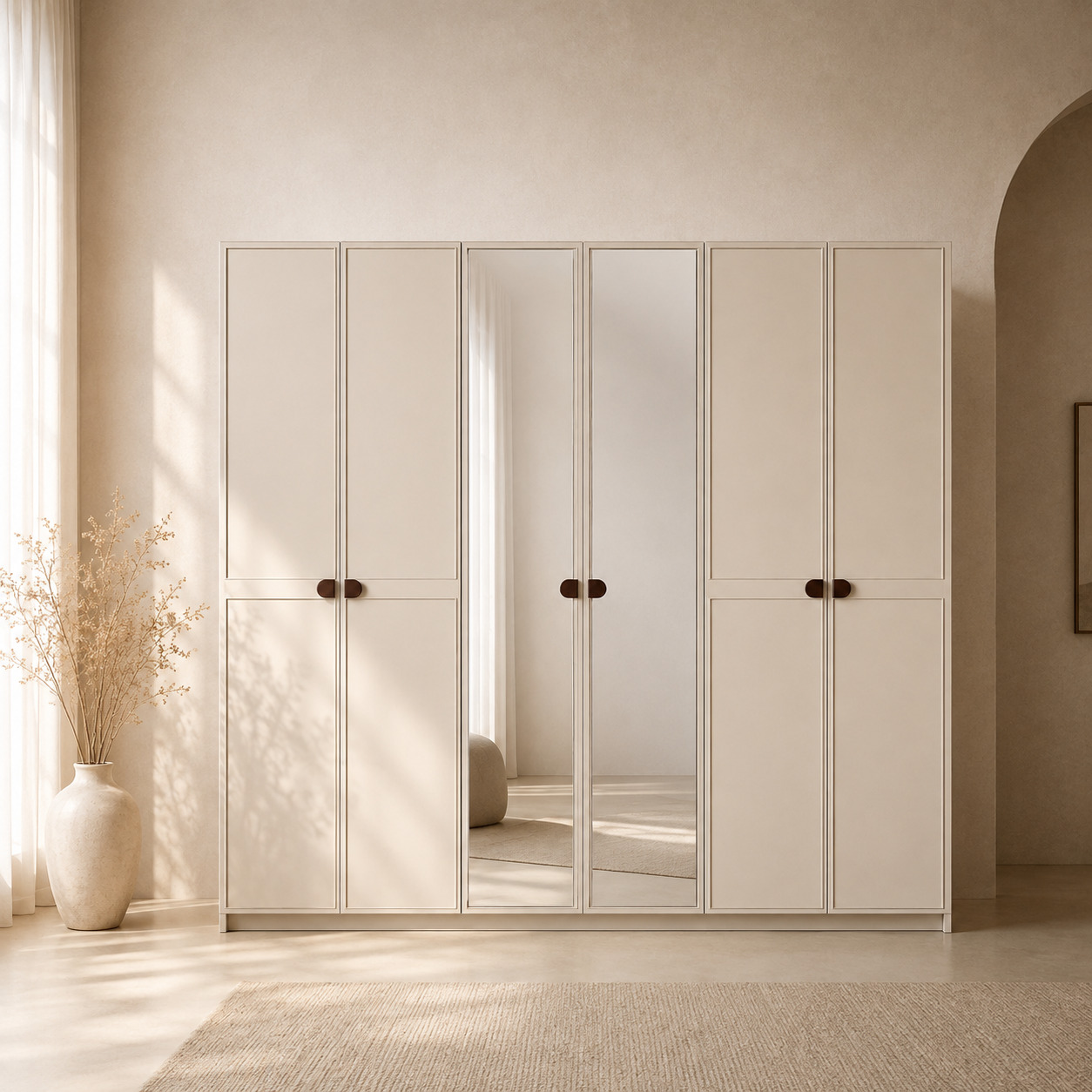 Shkaf – 6 eshikli, freza ramkali fasad, sut rangi, 2 ta oynali eshik (270×60×230 sm)