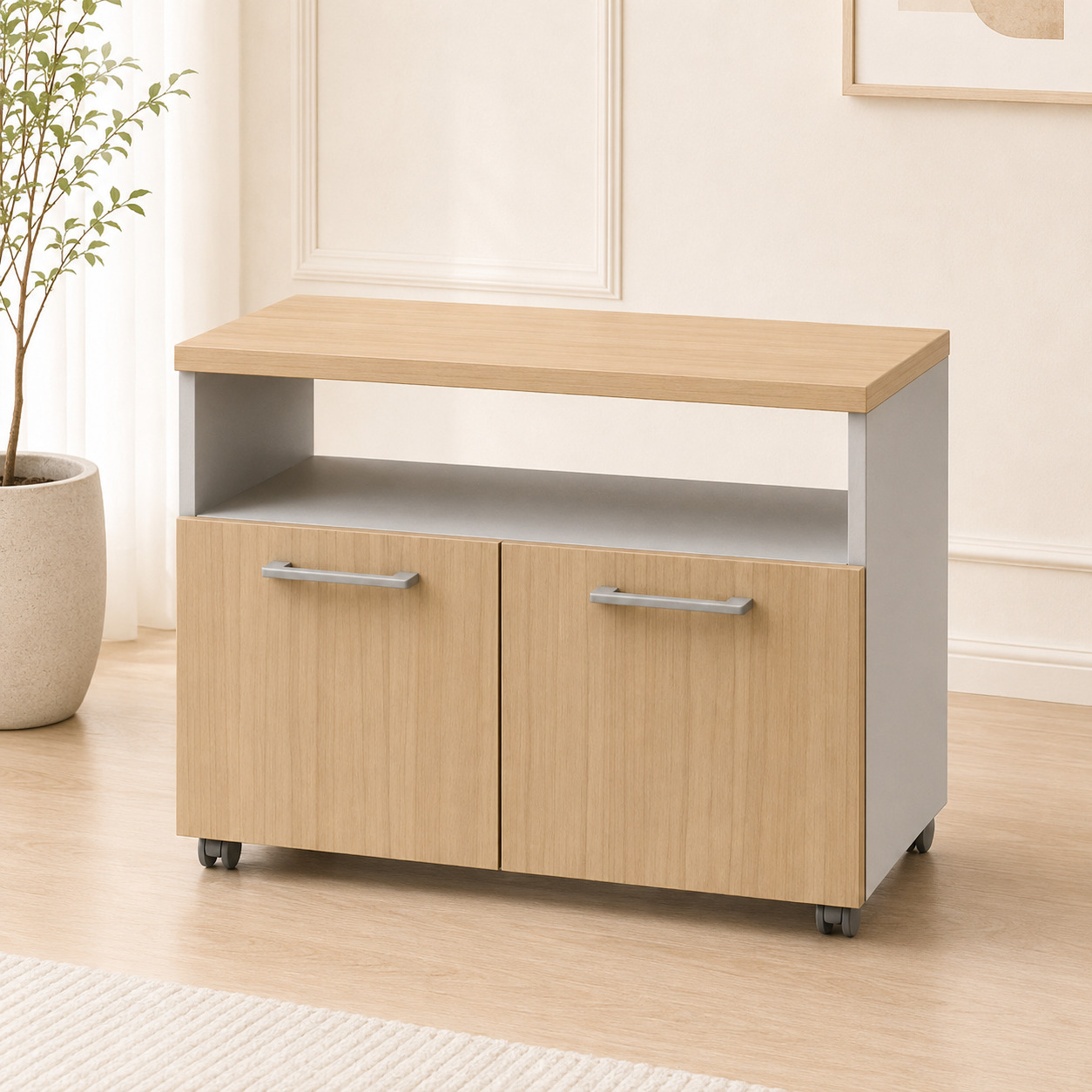 Ofis shkafi – g‘ildirakli, ochiq nisha va 2 eshikli, dub va kulrang (90×45×65 sm)