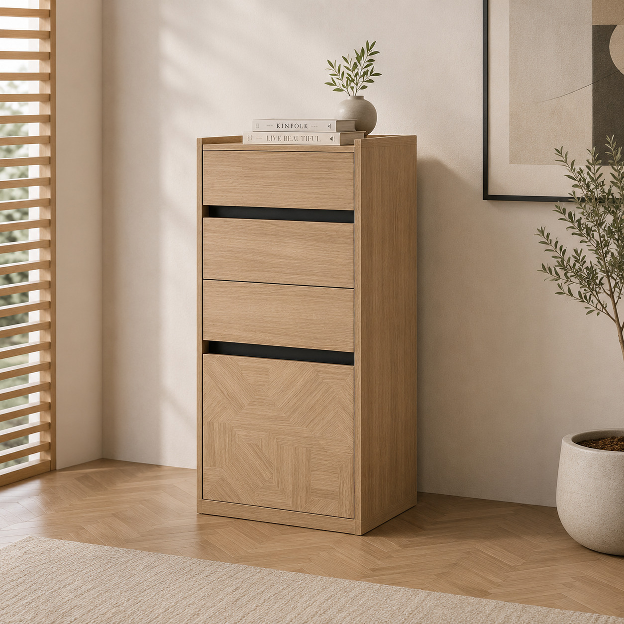 Komod – tor, 3 tortma va 1 marketri eshikli, och dub (60×45×130 sm)