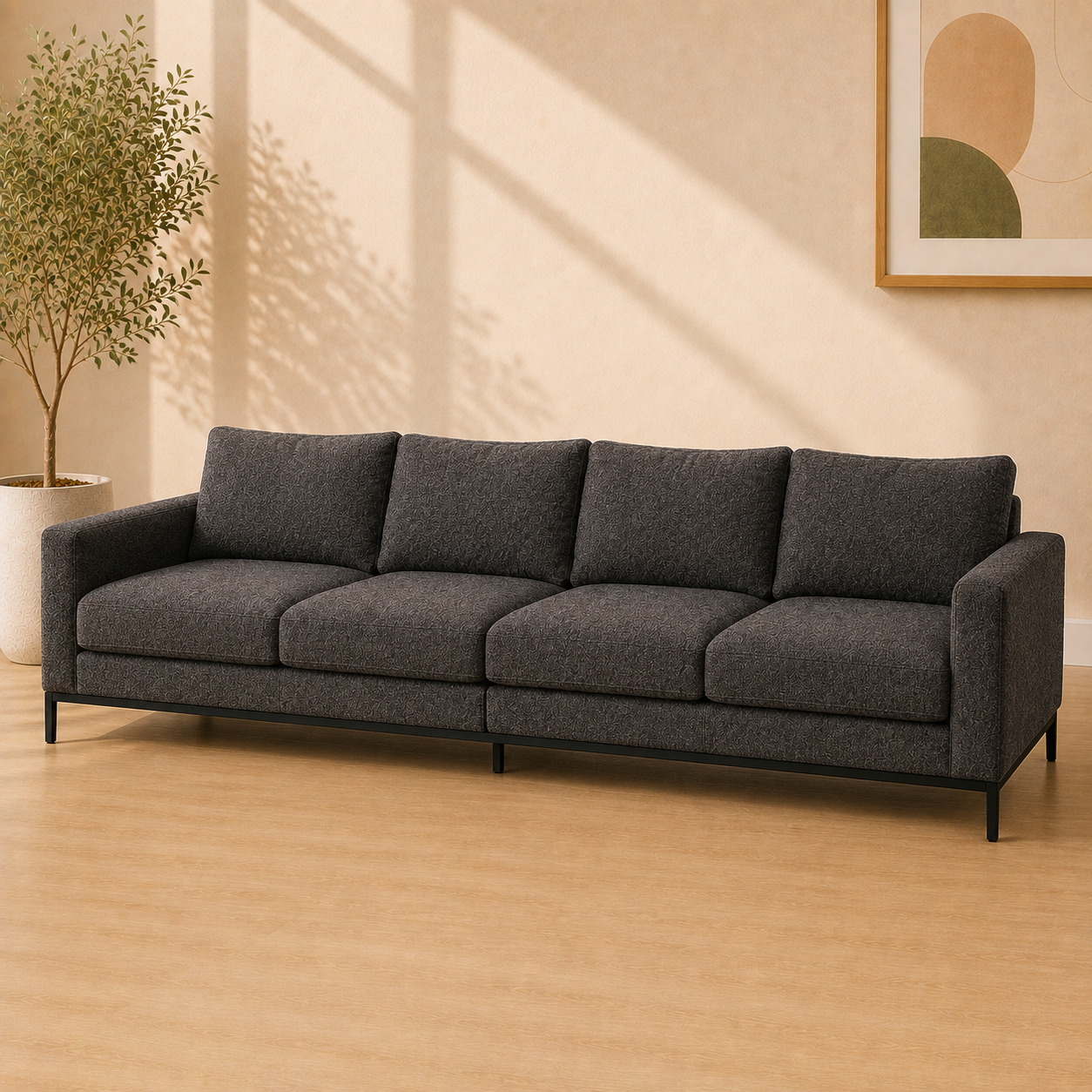 Divan – 4 kishilik, uzun, to‘q kulrang bukle (280×95×80 sm)