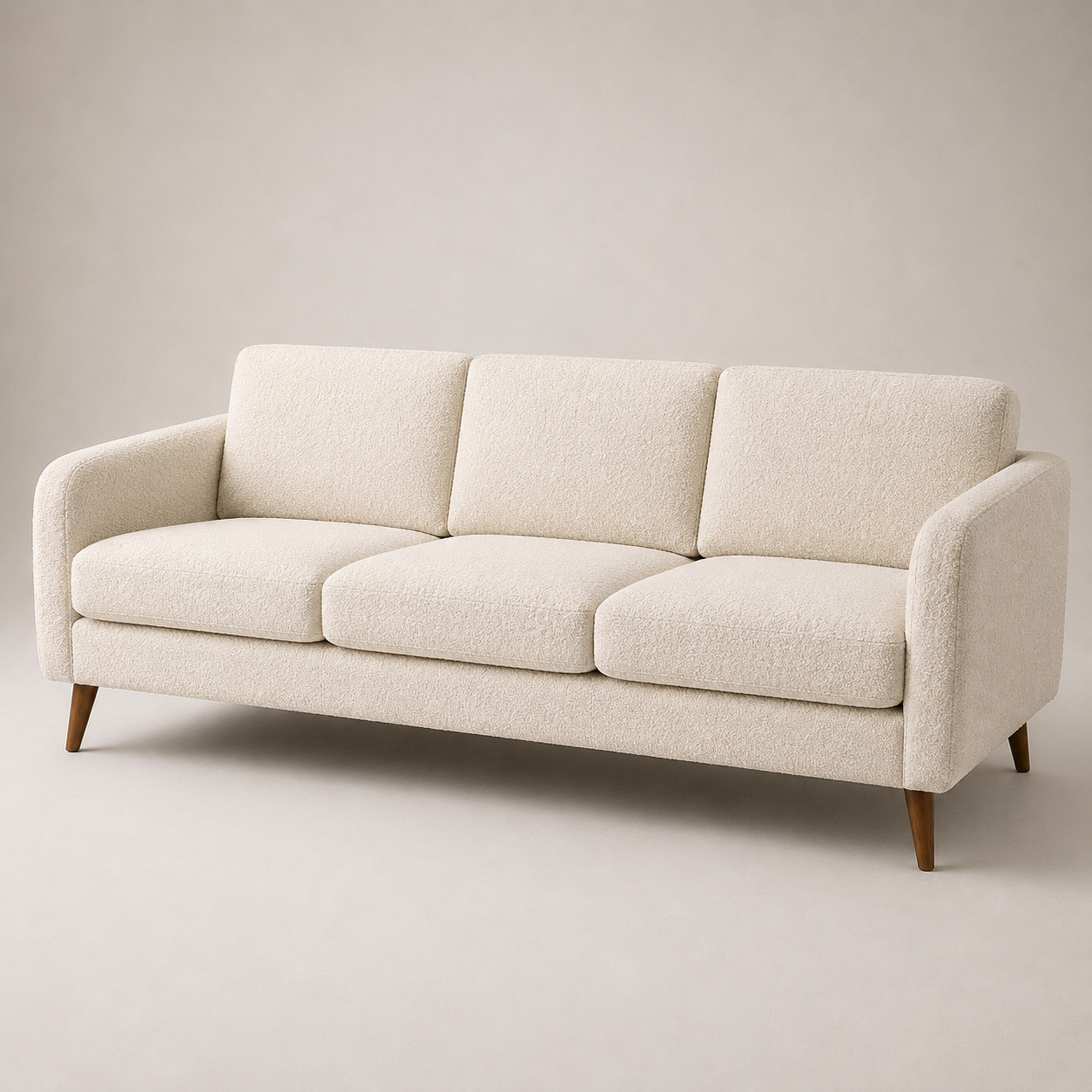 To‘g‘ri divan – 3 kishilik, bukle mato, sut rangi (210×90×85 sm)