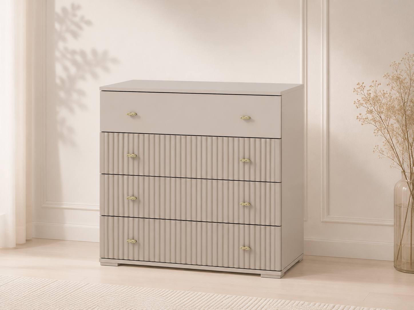 Komod – 4 tortmali, MDF+PSP (frezalangan), LDSP (42×84×92 sm / Kashmir, Riolit soft)