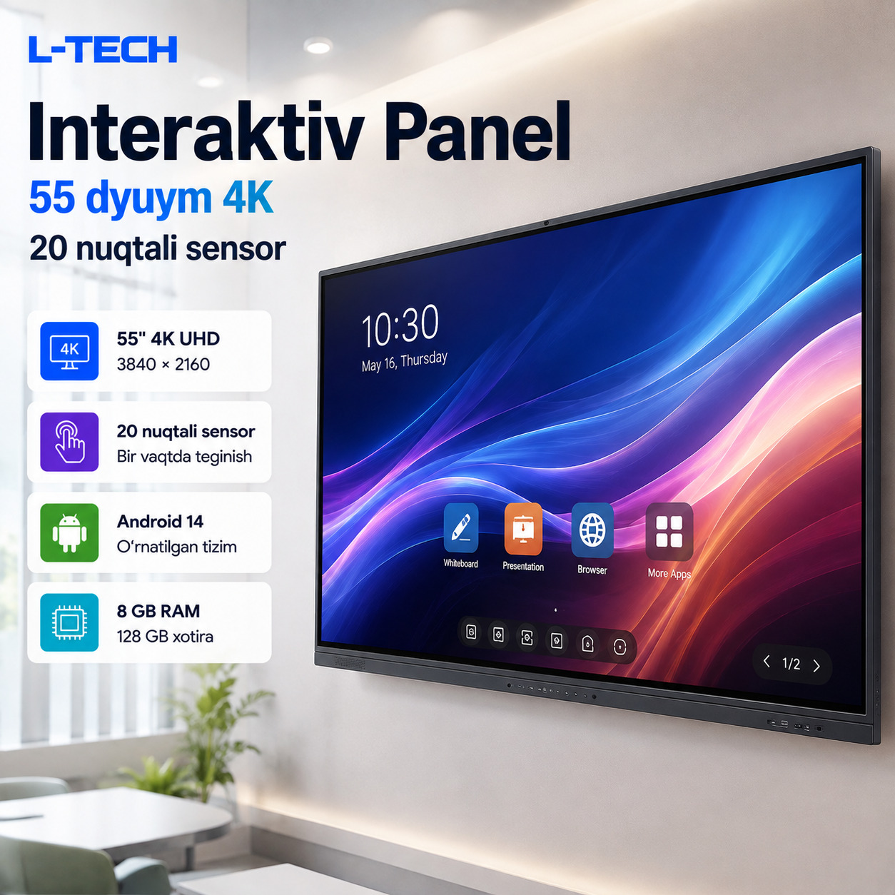L-TECH Interaktiv Panel 55 dyuym 4K | 20 nuqtali sensor