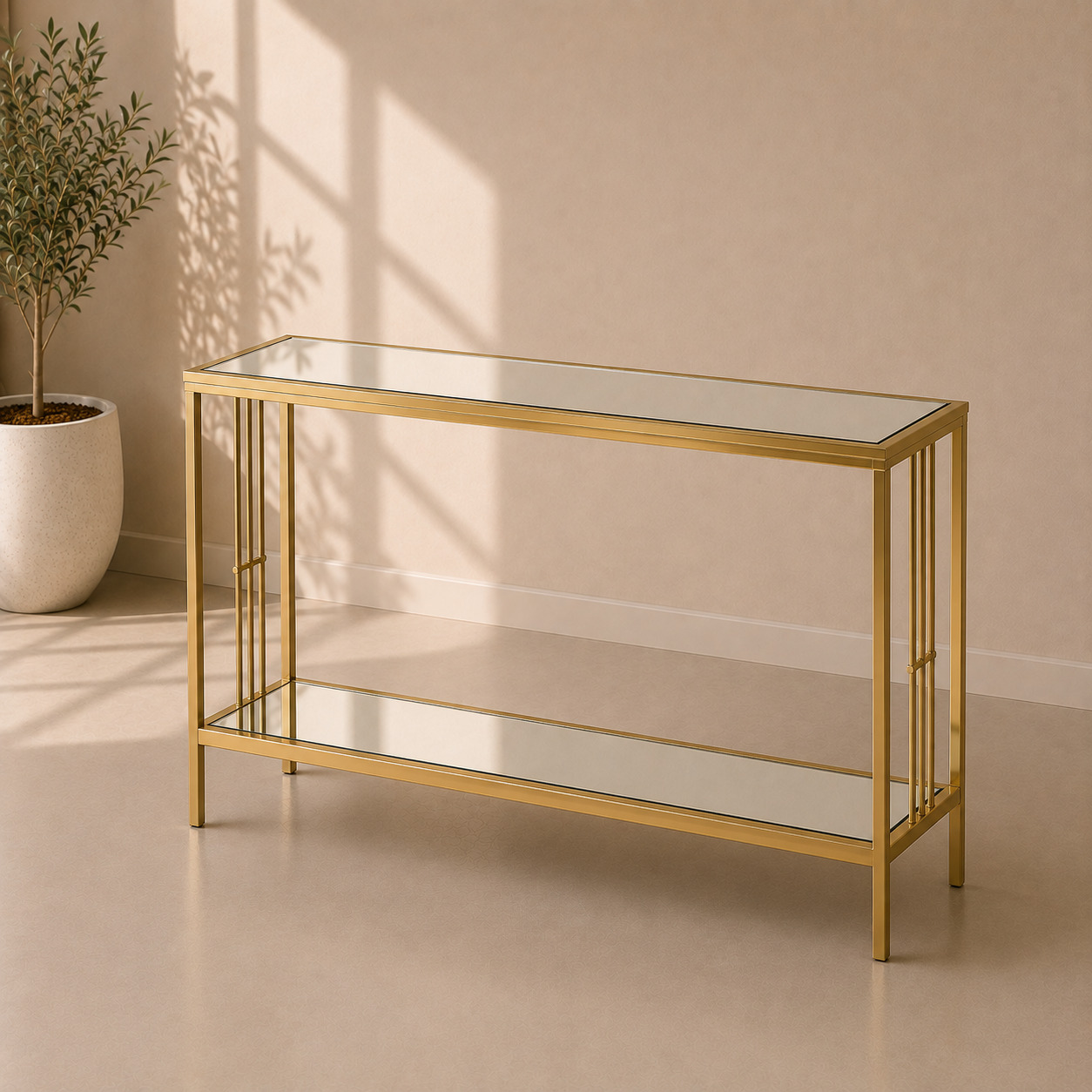 Konsol stol – oynali yuza, oltin metall karkas (110×35×78 sm)