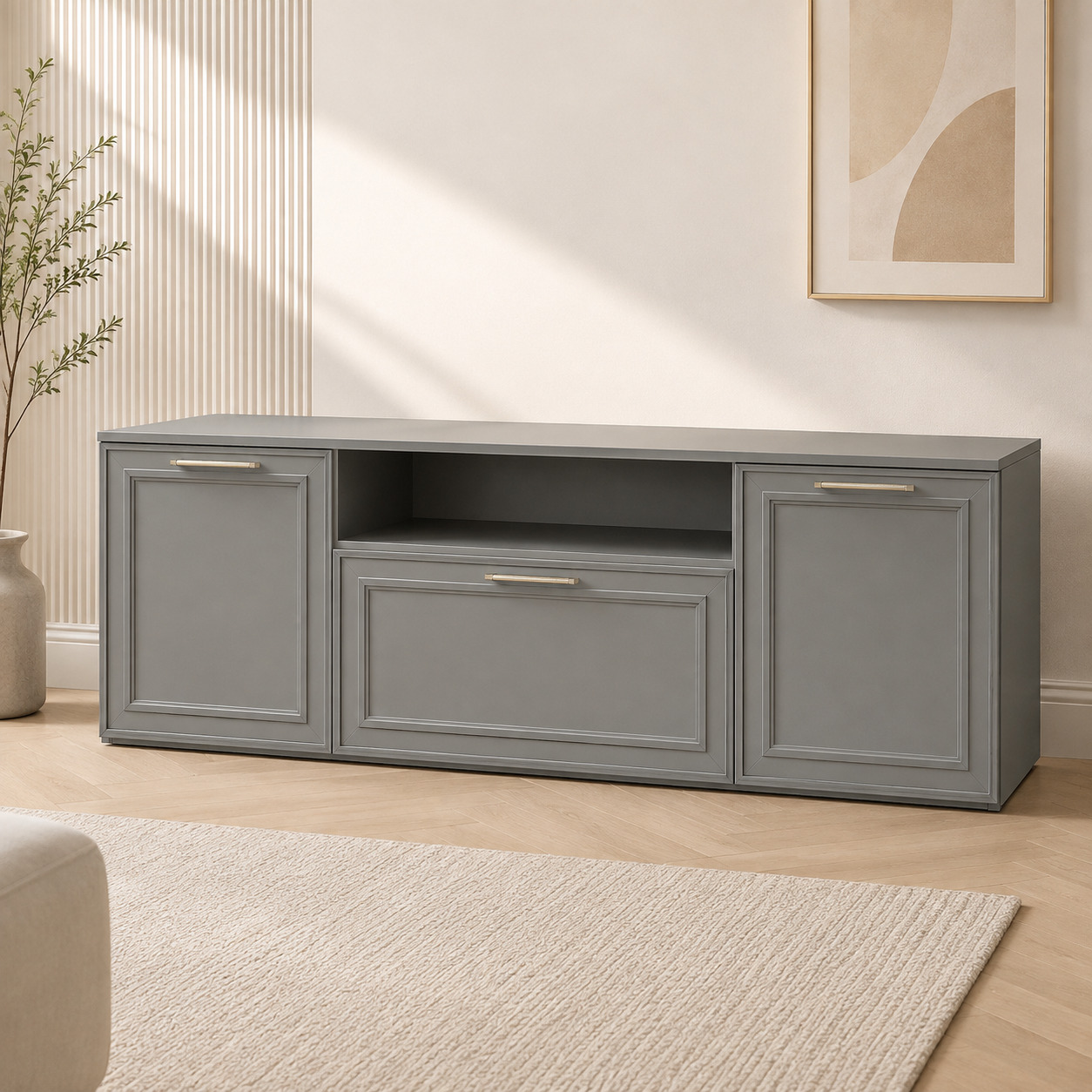 TV tumba – 2 eshik, ochiq nisha va tortmali, kulrang klassik freza fasad (180×40×55 sm)