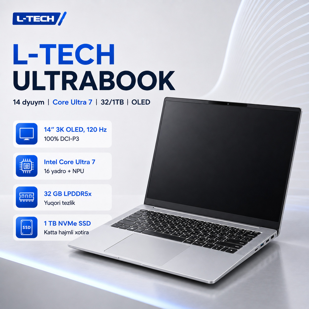 L-TECH Ultrabook 14 dyuym | Core Ultra 7 | 32/1TB | OLED