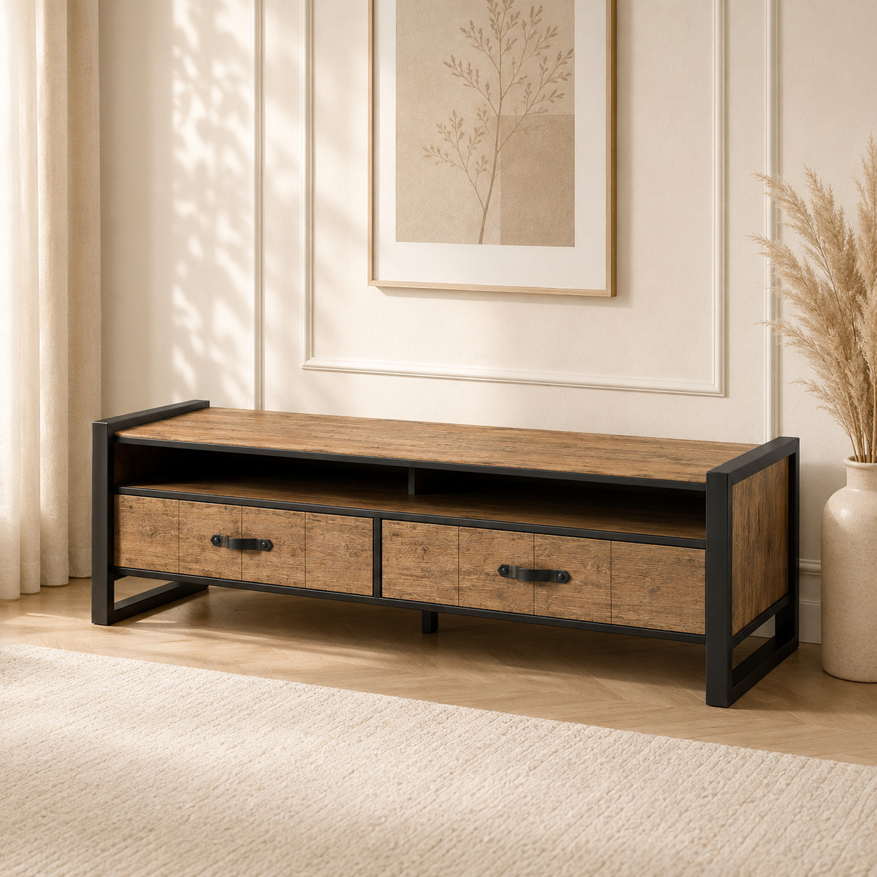 TV tumba – loft, qora metall karkas va eskirgan yog‘och, 2 tortmali (180×40×50 sm)