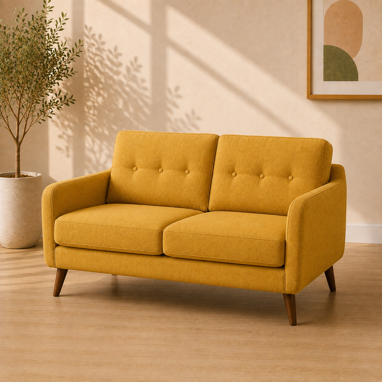 Divan – 2 kishilik, retro, yog‘och oyoqli, sariq (150×85×80 sm)