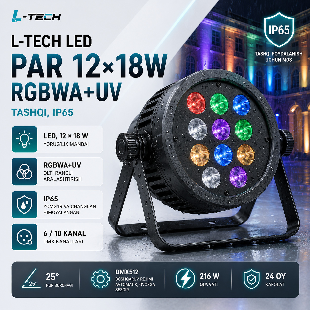 L-TECH LED PAR 12×18W RGBWA+UV | tashqi, IP65