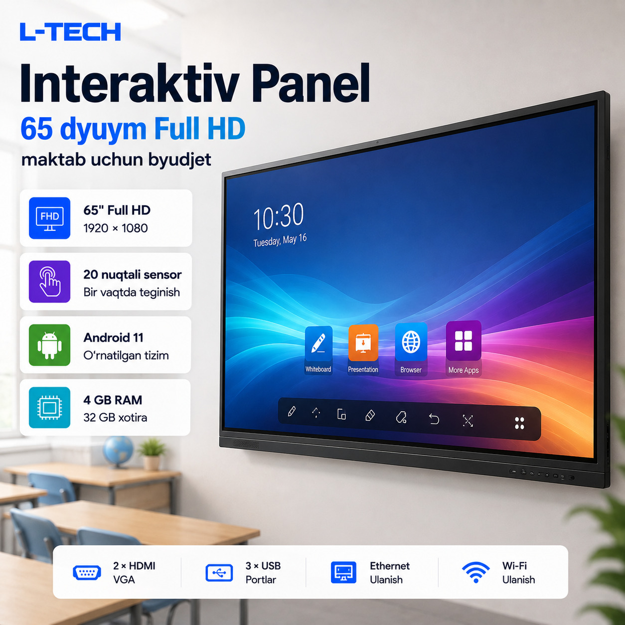 L-TECH Interaktiv Panel 65 dyuym Full HD | maktab uchun byudjet