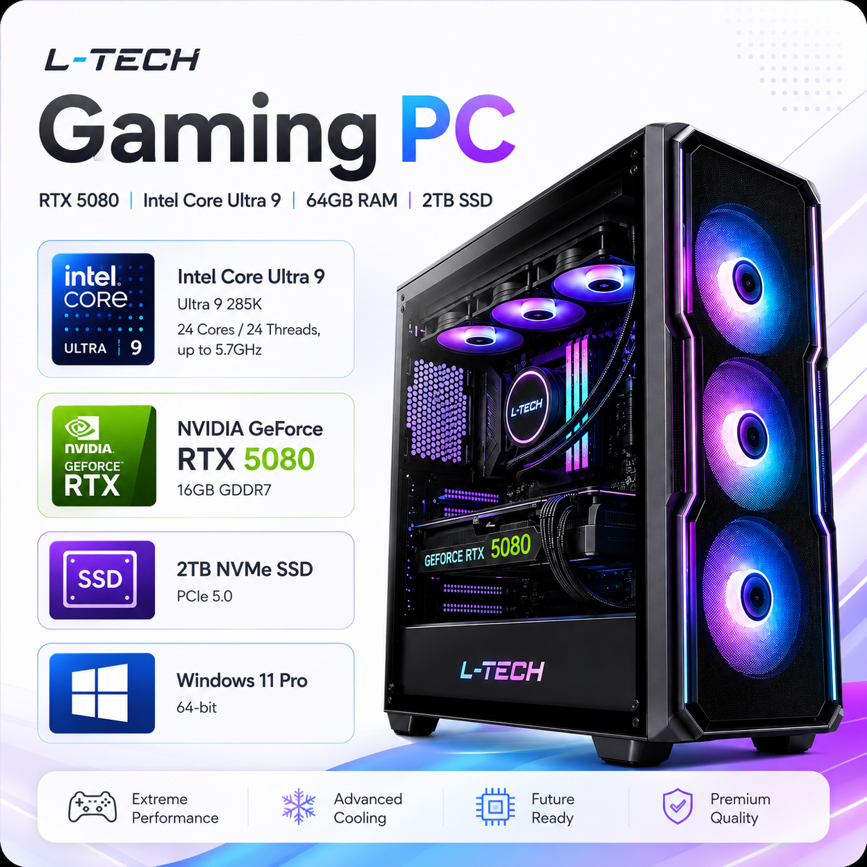 L-TECH Gaming PC | o`yin uchun kompyuter | RTX 5080  Intel Core Ultra 9 | 64GB RAM | 2TB SSD